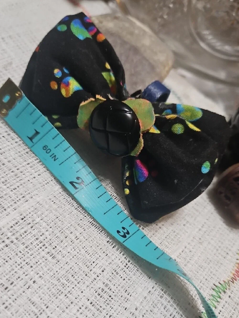 Handmade Black Dog Collar Bow Tie Neon Paw Prints Black Button NEW
